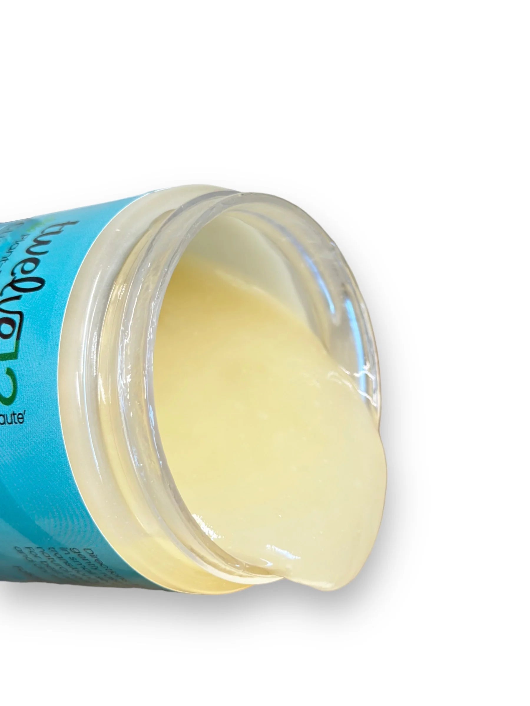 Pot ouvert de gel botanique cheveux jaune clair de Les soins Bellafro avec texture lisse
