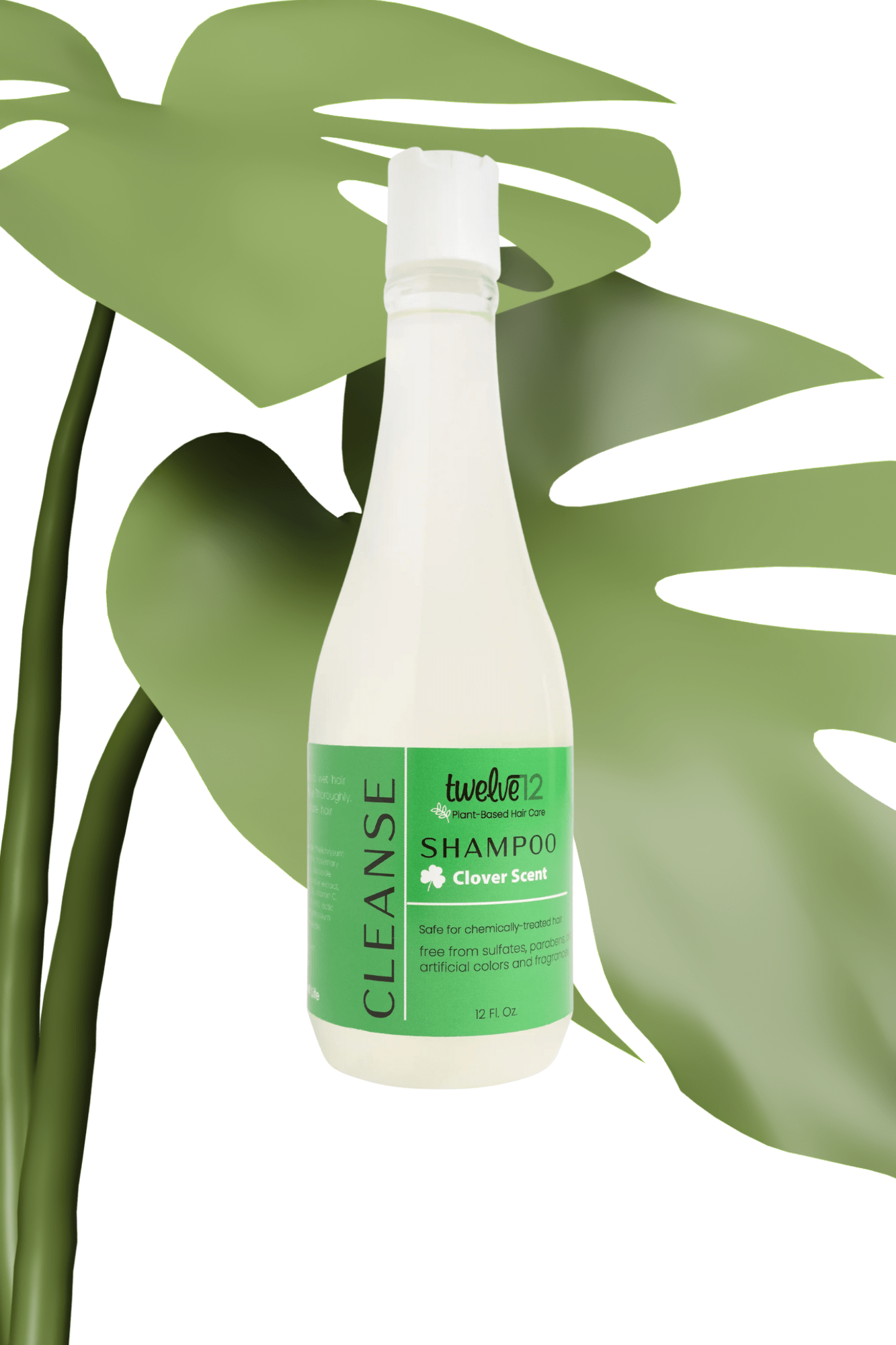 Bouteille de shampoing clarifiant trèfle de Les soins Bellafro avec étiquette verte sur fond blanc